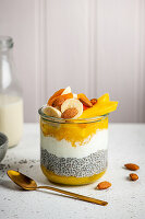 Chia pudding with mango puree, Greek yogurt, banana, dried apricots and almonds