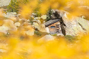 Das kleine Haus im Felsen in der Herbstzeit, Eita, Val Grosina, Valtellina, Provinz Sondrio, Lombardei, Italien, Europa