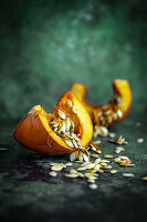 Sliced pumpkin with pumpkin seeds