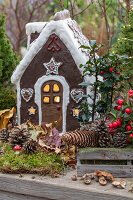 Adventsdeko mit Lebkuchenhaus, Scheinbeere (Gaultheria procumbens), Tannenzapfen, Stechpalme, auf Gartentisch