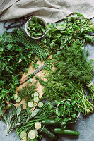 Fresh herbs and cucumber