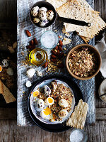 Pine nut dukkah with cooked quail eggs