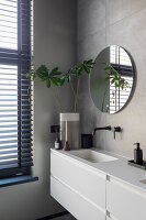 Minimalist bathroom with round mirror and houseplant