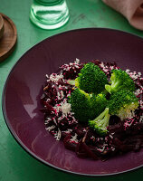 Beetroot halwa with broccoli, horseradish and maple syrup