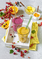 Mixed berry smoothie, tropical mango smoothie