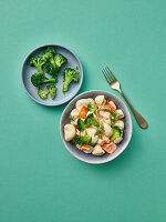 Creamy salmon noodles with broccoli