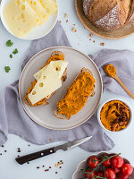 Bread with pumpkin spread and cheese