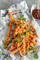 Loaded Fries - savoury sweet potato fries with sweetcorn