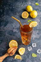 Lemon iced tea with ice cubes