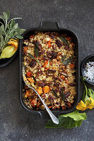 Pumpkin and oatmeal crumble with pecans and sage