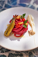 Beetroot spaghetti with anchovies