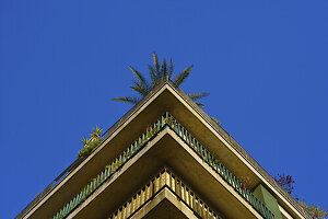 Dachlinie und Ecke eines Gebäudes vor blauem Himmel mit Palme; Barcelona, Spanien.