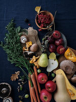 Autumn food ingredients on a dark blue background. Flat-lay of autumn vegetables, berries and mushrooms from the local market. Vegan ingredients