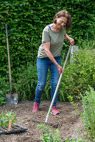 Woman with rake preparing bed for planting pre-grown young plants