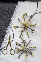 DIY stars made from twigs and lichen on a textile background next to scissors