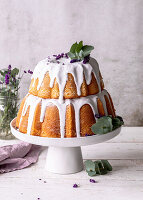 Double bundt cake with lavender and lemon icing