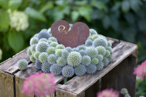 Wreath made from globe thistles (Echinops), attached to a foam ring with a rust heart