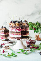 Chocolate cherry cake in naked cake style