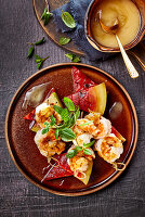 Prawn skewers with watermelon and mint