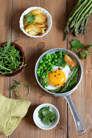 Fried eggs with asparagus and pea ragout
