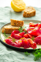 Graved beetroot and salmon trout with dill