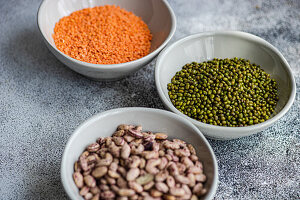 Red lentils, mung beans and pinto beans