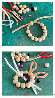 DIY bunny figurine made from wooden beads and pipe cleaners on a craft base