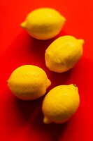Four lemons on a red background