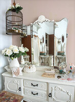 White dressing table with mirror, birdcage and rose decoration