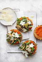 Vegetarian bruschetta with mushrooms and rocket