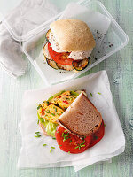 Sandwiches with tomato and mozzarella and with vegetables and scrambled eggs
