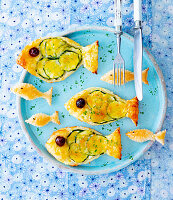 Puff pastry courgette fish with olive garnish