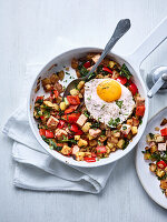 Roast potato hash with peppers and fried egg