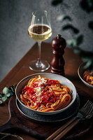 Spaghetti with baked tomatoes and parmesan