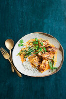 Slow-roasted pork belly with red curry and rice