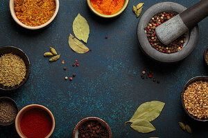 Various spices and herbs in trays