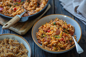 Pasta with chorizo and cabbage