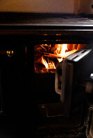 View into burning wood stove