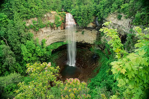 Waterfall and lush green foliage in Fall Creek Falls State Park, Tennessee, USA; Tennessee, United States of America