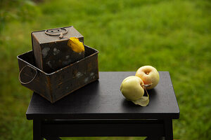 Stillleben mit gelben Äpfeln und Vintage-Metallboxen auf Holzhocker