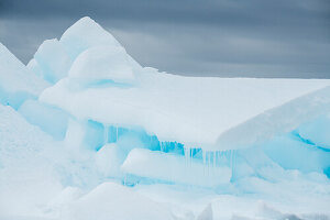 Antarctica, Weddell Sea, Snow Hill. Detail of iceberg with icicles.