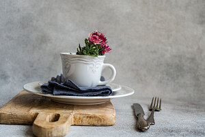 An enchanting still life with a delicate pink flower in a white teacup on a rustic wooden board. A fork and knife lie next to it, creating a cheerful atmosphere