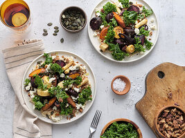 Root vegetable salad with kale, feta and seeds