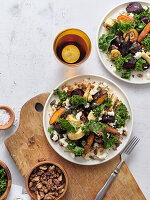 Root vegetable salad with kale, feta and seeds