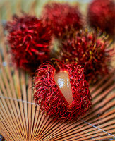 Geöffnete Rambutan-Frucht auf Palmblatt