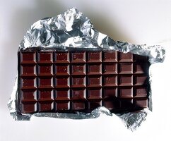 Bar of plain chocolate with foil wrapping