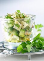 Chilled diced cod and cucumber with coriander