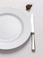 Empty plate with knife and live snail