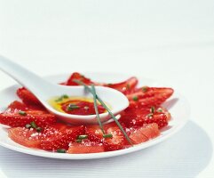 Blue-fin tuna and strawberry carpaccio