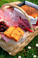 Rhubarb cake with pistachios in a picnic basket
